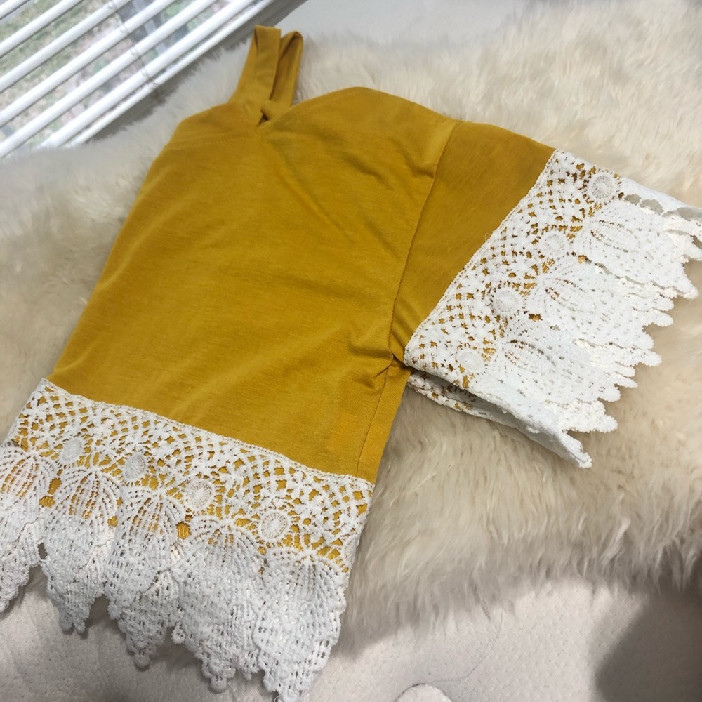 Mustard Yellow Crop Top Cold Shoulder White Lace